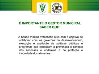 A Saúde Pública Veterinária atua com o objetivo de
colaborar com os governos no desenvolvimento,
execução e avaliação de políticas públicas e
programas que conduzam à prevenção e controle
das zoonoses e endemias e na proteção e
inocuidade dos alimentos.
É IMPORTANTE O GESTOR MUNICIPAL
SABER QUE:
 