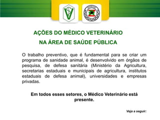 O trabalho preventivo, que é fundamental para se criar um
programa de sanidade animal, é desenvolvido em órgãos de
pesquisa, de defesa sanitária (Ministério da Agricultura,
secretarias estaduais e municipais de agricultura, institutos
estaduais de defesa animal), universidades e empresas
privadas.
Em todos esses setores, o Médico Veterinário está
presente.
Veja a seguir:
AÇÕES DO MÉDICO VETERINÁRIO
NA ÁREA DE SAÚDE PÚBLICA
 