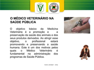 O objetivo básico da Medicina
Veterinária é a promoção e a
preservação da saúde dos animais e dos
seus produtos derivados. Ao atingir esse
objetivo, o profissional estará
promovendo e preservando a saúde
humana. Este é um dos motivos pelos
quais o Médico Veterinário é
fundamental na administração dos
programas de Saúde Pública.
FONTE: INTERNET - OPAS
O MÉDICO VETERINÁRIO NA
SAÚDE PÚBLICA
 
