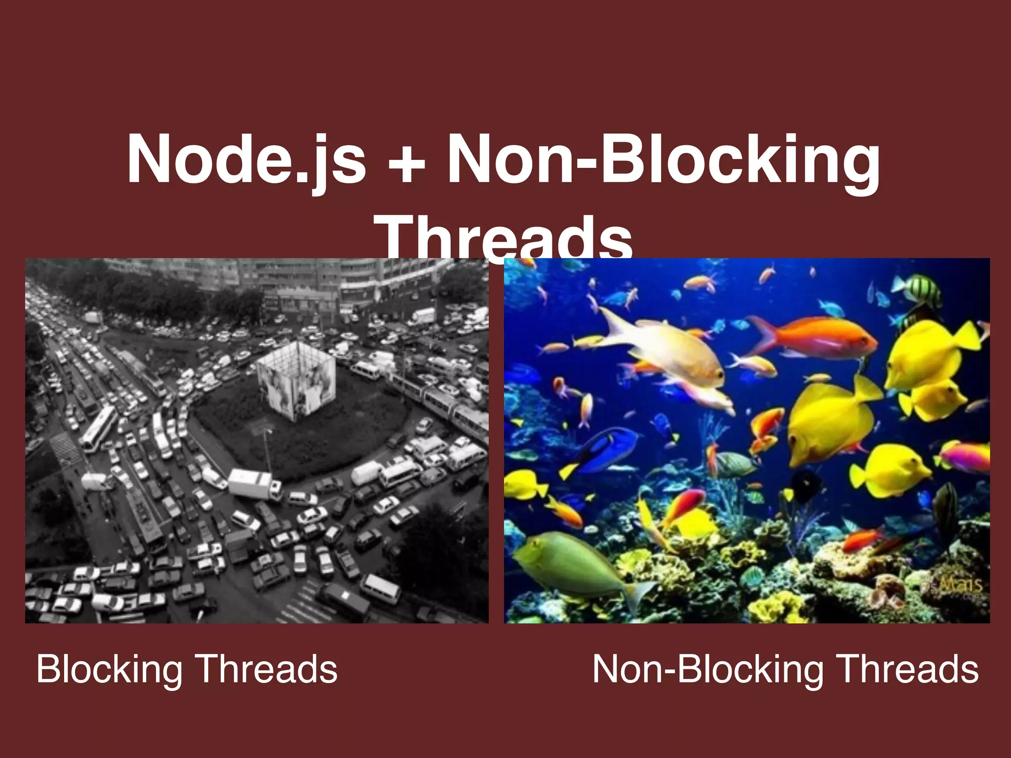 Node.js + Non-Blocking
Threads
Blocking Threads Non-Blocking Threads
 