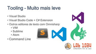 Tooling – Muito mais leve
• Visual Studio
• Visual Studio Code + C# Extension
• Outros editores de texto com Omnisharp:
• VIM
• Sublime
• Atom
• Command Line
 
