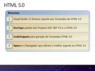 HTML 5.0
 Recursos:

 1   Visual Studio 11 fornece suporte aos Comandos do HTML 5.0


 2   DocType padrão dos Projetos ASP .NET 4.5 é o HTML 5.0


 3   CodeSnippets para geração de Comandos HTML 5.0


 4   Opera é o Navegador que oferece o melhor suporte ao HTML 5.0




                                                                    11
 