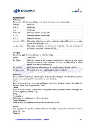 AutoNumeração
Numeração
Selecione o estilo de numeração que você deseja utilizar para as notas de rodapé.
Seleção                Descrição
A, B, C                Maiúsculas
a, b, c                Minúsculas
I, II, III             Numerais romanos (maiúsculas)
i, ii, iii             Numerais romanos (minúsculas)
1, 2, 3                Numerais arábicos
A,... AA,... AAA,...   Numeração alfabética com letras maiúsculas. Após as 26 primeiras entradas,
                       a numeração reinicia em "AA".
a,... aa,... aaa,...   Numeração alfabética com letras em minúsculas. Após as primeiras 26
                       entradas, a numeração recomeça em "aa".


Contagem
Seleciona a opção de numeração para as notas de rodapé.
Opção                  Significado
Por Página             Reinicia a numeração das notas de rodapé na parte superior de cada página.
                       Esta opção somente estará disponível se a caixa de seleção Fim da página
                       estiver selecionada na área Posição .
Por capítulo           Reinicia a numeração das notas de rodapé no começo de cada capítulo.
Por documento          Numera as notas de rodapé no documento em seqüência.


Iniciar em
Insira o número da primeira nota de rodapé do documento. Esta opção somente estará disponível
se você tiver selecionado "Por Documento" na caixa Contando.
Antes
Insira no texto da nota o texto que você deseja exibir antes do número da nota de rodapé. Por
exemplo, digite "Para" a fim de exibir "Para 1".
Depois
Insira no texto da nota o texto que você deseja exibir depois do número da nota de rodapé. Por
exemplo, digite ")" para exibir "1)".
Posição
Fim da página
Exibe notas de rodapé na parte inferior da página.
Fim do documento
Exibe as notas de rodapé no fim do documento como notas de fim.

Estilos
Para assegurar uma aparência uniforme às notas de rodapé no documento, atribua um estilo de
parágrafo a elas.
Parágrafo



     Conhecendo o BrOffice.org Write 2.0 - Básico                                             111
 
