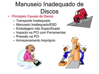 Manuseio Inadequado de
Discos
• Principais Causas de Danos
– Transporte Inadequado
– Manuseio Inadequado/ESD
– Embalagem não Especificada
– Impacto na PCI com Ferramentas
– Pressão na PCI
– Armazenamento Impróprio
 