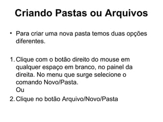 Criando Pastas ou Arquivos
• Para criar uma nova pasta temos duas opções
diferentes.
1.Clique com o botão direito do mouse em
qualquer espaço em branco, no painel da
direita. No menu que surge selecione o
comando Novo/Pasta.
Ou
2.Clique no botão Arquivo/Novo/Pasta
 