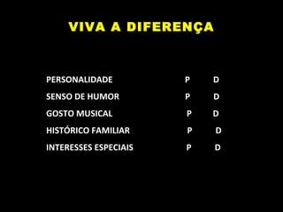 VIVA A DIFERENÇA PERSONALIDADE  P  D SENSO DE HUMOR  P  D GOSTO MUSICAL  P  D HISTÓRICO FAMILIAR  P  D INTERESSES ESPECIAIS  P  D 