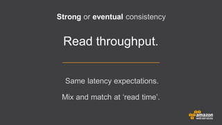 Read throughput.
Strong or eventual consistency
Same latency expectations.
Mix and match at ‘read time’.
 