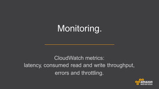 CloudWatch metrics:
latency, consumed read and write throughput,
errors and throttling.
Monitoring.
 