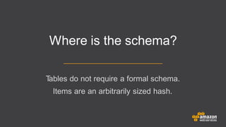 Tables do not require a formal schema.
Items are an arbitrarily sized hash.
Where is the schema?
 
