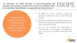 • O IBOPE é a maior empresa privada de
pesquisa da América Latina e a 12ª maior do
mundo;
• Amplamente presente no território brasileiro, a
empresa tem filiais nos Estados Unidos e em 13
países da América Latina;
• Por ser um provedor de informações e
conhecimento, a tecnologia é fundamental
para o suporte aos produtos oferecidos pelo
IBOPE.
“A utilização do AWS permitiu o desenvolvimento da
solução sem grande investimento inicial em CAPEX, além
de possibilitar flexibilidade na expansão da infraestrutura.”
“A AWS é ideal
quando os recursos
necessários são
incertos ou não
podem ser previstos
com precisão.”
 