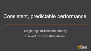Consistent, predictable performance.
Single digit millisecond latency.
Backed on solid-state drives.
 