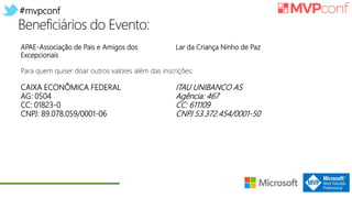 #mvpconf
Beneficiários do Evento:
APAE-Associação de Pais e Amigos dos
Excepcionais
Lar da Criança Ninho de Paz
Para quem quiser doar outros valores além das inscrições:
CAIXA ECONÔMICA FEDERAL
AG: 0504
CC: 01823-0
CNPJ: 89.078.059/0001-06
ITAU UNIBANCO AS
Agência: 467
CC: 611109
CNPJ 53.372.454/0001-50
 