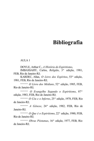 Bibliografia 
AULA 1 
DOYLE, Arthur C., A História do Espiritismo, 
IMBASSAHY, Carlos, Religião, 3ª edição, 1981, 
FEB, Rio de Janeiro-RJ; 
KARDEC, Allan, O Livro dos Espíritos, 53ª edição, 
1981, FEB, Rio de Janeiro-RJ; 
------- O Livro dos Médiuns, 52ª edição, 1985, FEB, 
Rio de Janeiro-RJ; 
------- O Evangelho Segundo o Espiritismo, 87ª 
edição, 1983, FEB, Rio de Janeiro-RJ; 
------- O Céu e o Inferno, 25ª edição, 1978, FEB, Rio 
de Janeiro-RJ; 
------- A Gênese, 24ª edição, 1982, FEB, Rio de 
Janeiro-RJ; 
------- O Que é o Espiritismo, 22ª edição, 1980, FEB, 
Rio de Janeiro-RJ; 
------- Obras Póstumas, 16ª edição, 1977, FEB, Rio 
de Janeiro-RJ; 
 