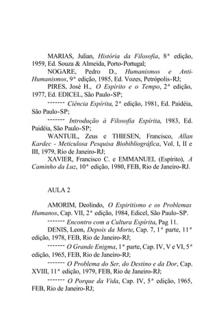 MARIAS, Julian, História da Filosofia, 8ª edição, 
1959, Ed. Souza & Almeida, Porto-Portugal; 
NOGARE, Pedro D., Humanismos e Anti- 
Humanismos, 9ª edição, 1985, Ed. Vozes, Petrópolis-RJ; 
PIRES, José H., O Espírito e o Tempo, 2ª edição, 
1977, Ed. EDICEL, São Paulo-SP; 
------- Ciência Espírita, 2ª edição, 1981, Ed. Paidéia, 
São Paulo-SP; 
------- Introdução à Filosofia Espírita, 1983, Ed. 
Paidéia, São Paulo-SP; 
WANTUIL, Zeus e THIESEN, Francisco, Allan 
Kardec - Meticulosa Pesquisa Biobibliográfica, Vol. I, II e 
III, 1979, Rio de Janeiro-RJ; 
XAVIER, Francisco C. e EMMANUEL (Espírito), A 
Caminho da Luz, 10ª edição, 1980, FEB, Rio de Janeiro-RJ. 
AULA 2 
AMORIM, Deolindo, O Espiritismo e os Problemas 
Humanos, Cap. VII, 2ª edição, 1984, Edicel, São Paulo-SP. 
------- Encontro com a Cultura Espírita, Pag 11. 
DENIS, Leon, Depois da Morte, Cap. 7, 1ª parte, 11ª 
edição, 1978, FEB, Rio de Janeiro-RJ; 
------- O Grande Enigma, 1ª parte, Cap. IV, V e VI, 5ª 
edição, 1965, FEB, Rio de Janeiro-RJ; 
------- O Problema do Ser, do Destino e da Dor, Cap. 
XVIII, 11ª edição, 1979, FEB, Rio de Janeiro-RJ; 
------- O Porque da Vida, Cap. IV, 5ª edição, 1965, 
FEB, Rio de Janeiro-RJ; 
 