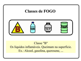 Classes de FOGO
Classe "B"
Os líquidos inflamáveis. Queimam na superfície.
Ex.: Alcool, gasolina, querosene, ...
 