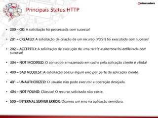 Principais Status HTTP 
• 200 – OK: A solicitação foi processada com sucesso! 
• 201 – CREATED: A solicitação de criação de um recurso (POST) foi executada com sucesso! 
• 202 – ACCEPTED: A solicitação de execução de uma tarefa assíncrona foi enfileirada com 
sucesso! 
• 304 – NOT MODIFIED: O conteúdo armazenado em cache pela aplicação cliente é válida! 
• 400 – BAD REQUEST: A solicitação possui algum erro por parte da aplicação cliente. 
• 401 – UNAUTHORIZED: O usuário não pode executar a operação desejada. 
• 404 – NOT FOUND: Clássico! O recurso solicitado não existe. 
• 500 – INTERNAL SERVER ERROR: Ocorreu um erro na aplicação servidora. 
 
