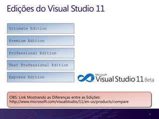 Edições do Visual Studio 11

Ultimate Edition


Premium Edition


Professional Edition


Test Professional Edition


Express Edition




OBS: Link Mostrando as Diferenças entre as Edições:
http://www.microsoft.com/visualstudio/11/en-us/products/compare


                                                                  2
 