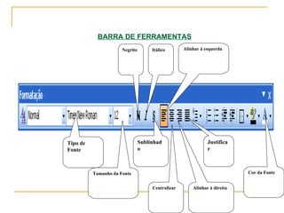 BARRA DE FERRAMENTAS   Tipo de Fonte Tamanho da Fonte Negrito Itálico Sublinhado Alinhar à esquerda Centralizar Alinhar à ...