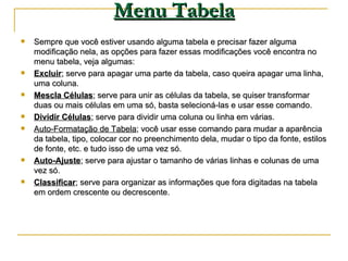 Menu Tabela   <ul><li>Sempre que você estiver usando alguma tabela e precisar fazer alguma modificação nela, as opções par...
