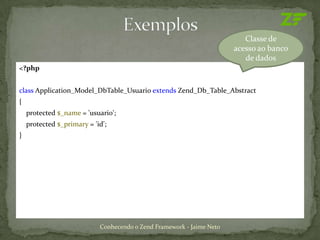 Classe de
                                                                       acesso ao banco
                                                                          de dados
<?php


class Application_Model_DbTable_Usuario extends Zend_Db_Table_Abstract
{
    protected $_name = 'usuario';
    protected $_primary = 'id';
}




                            Conhecendo o Zend Framework - Jaime Neto
 