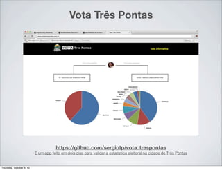 Vota Três Pontas




                                      https://github.com/sergiotp/vota_trespontas
                          É um app feito em dois dias para validar a estatistica eleitoral na cidade de Três Pontas


Thursday, October 4, 12
 