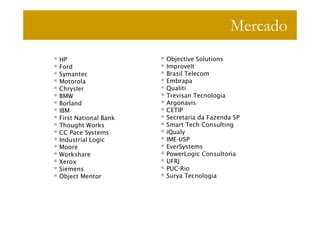 Mercado
HP                    Objective Solutions
Ford                  ImproveIt
Symantec              Brasil Telecom
Motorola              Embrapa
Chrysler              Qualiti
BMW                   Trevisan Tecnologia
Borland               Argonavis
IBM                   CETIP
First National Bank   Secretaria da Fazenda SP
Thought Works         Smart Tech Consulting
CC Pace Systems       iQualy
Industrial Logic      IME-USP
Moore                 EverSystems
Workshare             PowerLogic Consultoria
Xerox                 UFRJ
Siemens               PUC-Rio
Object Mentor         Surya Tecnologia
 