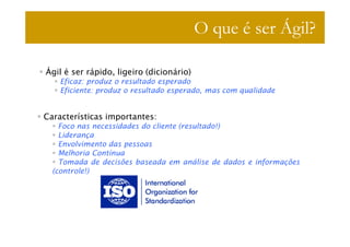O que é ser Ágil?

Ágil é ser rápido, ligeiro (dicionário)
    Eficaz: produz o resultado esperado
    Eficiente: produz o resultado esperado, mas com qualidade


Características importantes:
    Foco nas necessidades do cliente (resultado!)
    Liderança
    Envolvimento das pessoas
    Melhoria Contínua
    Tomada de decisões baseada em análise de dados e informações
  (controle!)
 
