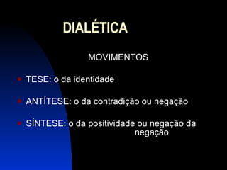 DIALÉTICA MOVIMENTOS TESE: o da identidade ANTÍTESE: o da contradição ou negação SÍNTESE: o da positividade ou negação da    negação 