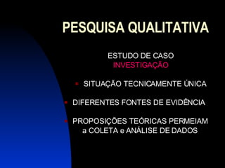 PESQUISA QUALITATIVA ESTUDO DE CASO INVESTIGAÇÃO SITUAÇÃO TECNICAMENTE ÚNICA DIFERENTES FONTES DE EVIDÊNCIA PROPOSIÇÕES TEÓRICAS PERMEIAM  a COLETA e ANÁLISE DE DADOS  