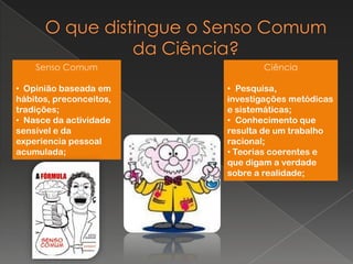 Senso Comum
• Opinião baseada em
hábitos, preconceitos,
tradições;
• Nasce da actividade
sensível e da
experiencia pessoal
acumulada;
Ciência
• Pesquisa,
investigações metódicas
e sistemáticas;
• Conhecimento que
resulta de um trabalho
racional;
• Teorias coerentes e
que digam a verdade
sobre a realidade;
 