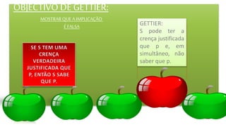 OBJECTIVODE GETTIER:
MOSTRARQUE A IMPLICAÇÃO
ÉFALSA GETTIER:
S pode ter a
crença justificada
que p e, em
simultâneo, não
saber que p.
 