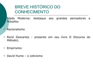 BREVE HISTÓRICO DO CONHECIMENTO Idade Moderna: destaque aos grandes pensadores e filósofos: Racionalismo René Descartes - presente em seu livro O Discurso do Método). Empirismo: David Hume – o ceticismo  