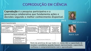 Coprodução é a pesquisa participativa e a
governança colaborativa que fundamenta ações e
decisões segundo o melhor conhecimento disponível.
2015
Heidi Schuttenberg
Heidi K. Guth
COPRODUÇÃO EM CIÊNCIA
Parte da premissa de que todos os atores têm a capacidade de
resolver o problema quando houver representação, capacidade,
confiança e comprometimento com o aprendizado.
 