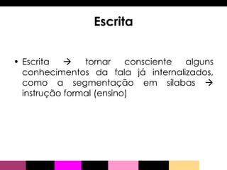 Escrita Escrita    tornar consciente alguns conhecimentos da fala já internalizados, como a segmentação em sílabas    instrução formal (ensino) 