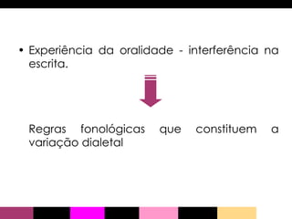 Experiência da oralidade - interferência na escrita. Regras fonológicas que constituem a variação dialetal 