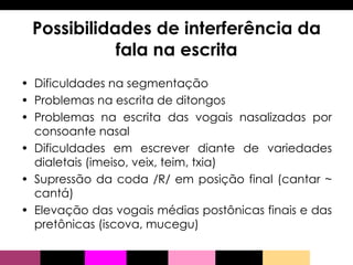 Possibilidades de interferência da fala na escrita Dificuldades na segmentação Problemas na escrita de ditongos Problemas na escrita das vogais nasalizadas por consoante nasal Dificuldades em escrever diante de variedades dialetais (imeiso, veix, teim, txia) Supressão da coda /R/ em posição final (cantar ~ cantá) Elevação das vogais médias postônicas finais e das pretônicas (iscova, mucegu) 