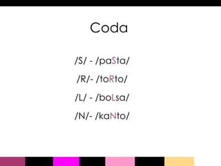 Coda /S/ - /pa S ta/ /R/- /to R to/ /L/ - /bo L sa/ /N/- /ka N to/ 