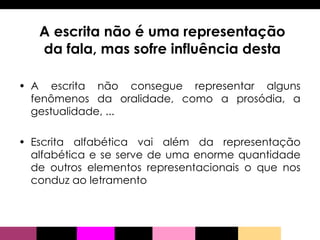 A escrita não é uma representação da fala, mas sofre influência desta A escrita não consegue representar alguns fenômenos da oralidade, como a prosódia, a gestualidade, ... Escrita alfabética vai além da representação alfabética e se serve de uma enorme quantidade de outros elementos representacionais o que nos conduz ao letramento  