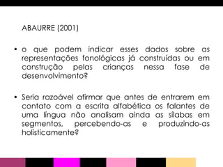 ABAURRE (2001) o que podem indicar esses dados sobre as representações fonológicas já construídas ou em construção pelas crianças nessa fase de desenvolvimento?  Seria razoável afirmar que antes de entrarem em contato com a escrita alfabética os falantes de uma língua não analisam ainda as sílabas em segmentos, percebendo-as e produzindo-as holisticamente? 