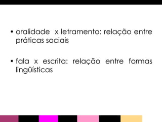oralidade  x letramento: relação entre práticas sociais fala x escrita: relação entre formas lingüísticas 