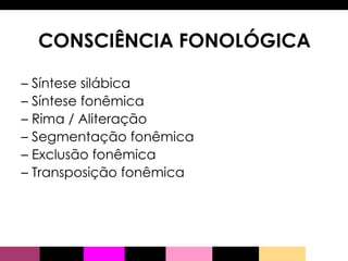CONSCIÊNCIA FONOLÓGICA –  Síntese silábica –  Síntese fonêmica –  Rima / Aliteração –  Segmentação fonêmica  –  Exclusão fonêmica –  Transposição fonêmica  