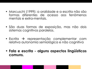 Marcuschi (1999): a oralidade e a escrita não são formas diferentes de acesso aos fenômenos mentais e extra-mentais.  São duas formas de exposição, mas não dois sistemas cognitivos paralelos. Escrita    representação complementar com relativa autonomia semiológica e não cognitiva Fala e escrita - alguns aspectos lingüísticos comuns. 