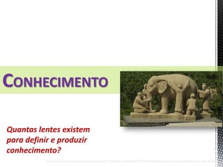 Quantas lentes existem
para definir e produzir
conhecimento?
CONHECIMENTO
http://rhinestonearmadillo.typepad.com/the_rhinestone_bookmark/2013/04/the-blind-men-and-the-elephant-fairy-tale-art.html
 