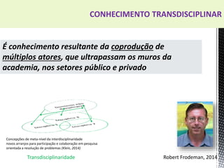 CONHECIMENTO TRANSDISCIPLINAR
É conhecimento resultante da coprodução de
múltiplos atores, que ultrapassam os muros da
academia, nos setores público e privado
Robert Frodeman, 2014
Concepções de meta-nível da interdisciplinaridade
novos arranjos para participação e colaboração em pesquisa
orientada a resolução de problemas (Klein, 2014)
Transdisciplinaridade
 