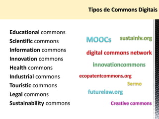 Educational commons
Scientific commons
Information commons
Innovation commons
Health commons
Industrial commons
Touristic commons
Legal commons
Sustainability commons
 