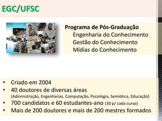EGC/UFSC
Programa de Pós-Graduação
Engenharia do Conhecimento
Gestão do Conhecimento
Mídias do Conhecimento
• Criado em 2004
• 40 doutores de diversas áreas
(Administração, Engenharias, Computação, Psicologia, Semiótica, Educação)
• 700 candidatos e 60 estudantes-ano (30 p/ cada curso)
• Mais de 200 doutores e mais de 200 mestres formados
 