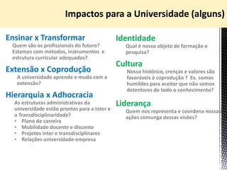 Ensinar x Transformar
Quem são os profissionais do futuro?
Estamos com métodos, instrumentos e
estrutura curricular adequados?
Extensão x Coprodução
A universidade aprende e muda com a
extensão?
Hierarquia x Adhocracia
As estruturas administrativas da
universidade estão prontas para a Inter e
a Transdisciplinaridade?
• Plano de carreira
• Mobilidade docente e discente
• Projetos inter e transdisciplinares
• Relações universidade-empresa
Identidade
Qual é nosso objeto de formação e
pesquisa?
Cultura
Nosso histórico, crenças e valores são
favoráveis à coprodução ? Ex. somos
humildes para aceitar que não somos
detentores de todo o conhecimento?
Liderança
Quem nos representa e coordena nossas
ações comunga dessas visões?
 