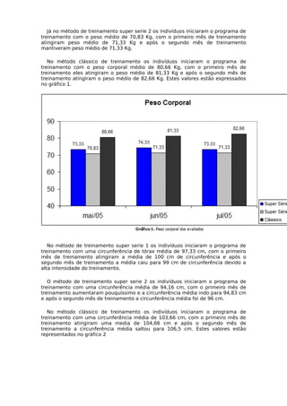 Já no método de treinamento super serie 2 os indivíduos iniciaram o programa de
treinamento com o peso médio de 70,83 Kg, com o primeiro mês de treinamento
atingiram peso médio de 71,33 Kg e após o segundo mês de treinamento
mantiveram peso médio de 71,33 Kg.
No método clássico de treinamento os indivíduos iniciaram o programa de
treinamento com o peso corporal médio de 80,66 Kg, com o primeiro mês de
treinamento eles atingiram o peso médio de 81,33 Kg e após o segundo mês de
treinamento atingiram o peso médio de 82,66 Kg. Estes valores estão expressados
no gráfico 1.
No método de treinamento super serie 1 os indivíduos iniciaram o programa de
treinamento com uma circunferência de tórax média de 97,33 cm, com o primeiro
mês de treinamento atingiram a média de 100 cm de circunferência e após o
segundo mês de treinamento a média caiu para 99 cm de circunferência devido a
alta intensidade do treinamento.
O método de treinamento super serie 2 os indivíduos iniciaram o programa de
treinamento com uma circunferência média de 94,16 cm, com o primeiro mês de
treinamento aumentaram pouquíssimo e a circunferência média indo para 94,83 cm
e após o segundo mês de treinamento a circunferência média foi de 96 cm.
No método clássico de treinamento os indivíduos iniciaram o programa de
treinamento com uma circunferência média de 103,66 cm, com o primeiro mês de
treinamento atingiram uma media de 104,66 cm e após o segundo mês de
treinamento a circunferência média saltou para 106,5 cm. Estes valores estão
representados no gráfico 2
 