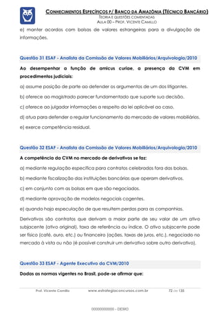 Prof. Vicente Camillo www.estrategiaconcursos.com.br 72 de 135
CONHECIMENTOS ESPECÍFICOS P/ BANCO DA AMAZÔNIA (TÉCNICO BANCÁRIO)
TEORIA E QUESTÕES COMENTADAS
AULA 00 – PROF. VICENTE CAMILLO
e) manter acordos com bolsas de valores estrangeiras para a divulgação de
informações.
ESAF - Analista da Comissão de Valores Mobiliários/Arquivologia/2010
Ao desempenhar a função de amicus curiae, a presença da CVM em
procedimentos judiciais:
a) assume posição de parte ao defender os argumentos de um dos litigantes.
b) oferece ao magistrado parecer fundamentado que suporte sua decisão.
c) oferece ao julgador informações a respeito da lei aplicável ao caso.
d) atua para defender o regular funcionamento do mercado de valores mobiliários.
e) exerce competência residual.
ESAF - Analista da Comissão de Valores Mobiliários/Arquivologia/2010
A competência da CVM no mercado de derivativos se faz:
a) mediante regulação específica para contratos celebrados fora das bolsas.
b) mediante fiscalização das instituições bancárias que operam derivativos.
c) em conjunto com as bolsas em que são negociados.
d) mediante aprovação de modelos negociais cogentes.
e) quando haja especulação de que resultem perdas para as companhias.
Derivativos são contratos que derivam a maior parte de seu valor de um ativo
subjacente (ativo original), taxa de referência ou índice. O ativo subjacente pode
ser físico (café, ouro, etc.) ou financeiro (ações, taxas de juros, etc.), negociado no
mercado à vista ou não (é possível construir um derivativo sobre outro derivativo).
ESAF - Agente Executivo da CVM/2010
Dadas as normas vigentes no Brasil, pode-se afirmar que:
00000000000 - DEMO
 