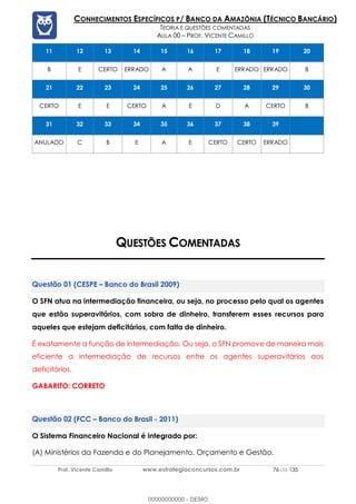 Prof. Vicente Camillo www.estrategiaconcursos.com.br 76 de 135
CONHECIMENTOS ESPECÍFICOS P/ BANCO DA AMAZÔNIA (TÉCNICO BANCÁRIO)
TEORIA E QUESTÕES COMENTADAS
AULA 00 – PROF. VICENTE CAMILLO
11 12 13 14 15 16 17 18 19 20
B E CERTO ERRADO A A E ERRADO ERRADO B
21 22 23 24 25 26 27 28 29 30
CERTO E E CERTO A E D A CERTO B
31 32 33 34 35 36 37 38 39
ANULADO C B E A E CERTO CERTO ERRADO
QUESTÕES COMENTADAS
(CESPE – Banco do Brasil 2009)
O SFN atua na intermediação financeira, ou seja, no processo pelo qual os agentes
que estão superavitários, com sobra de dinheiro, transferem esses recursos para
aqueles que estejam deficitários, com falta de dinheiro.
É exatamente a função de intermediação. Ou seja, o SFN promove de maneira mais
eficiente a intermediação de recursos entre os agentes superavitários aos
deficitários.
GABARITO: CORRETO
(FCC – Banco do Brasil - 2011)
O Sistema Financeiro Nacional é integrado por:
(A) Ministérios da Fazenda e do Planejamento, Orçamento e Gestão.
00000000000 - DEMO
 